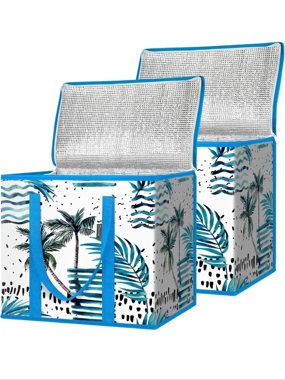Insulated Beach Tote Cooler Bag Set with Palm Print - Blue